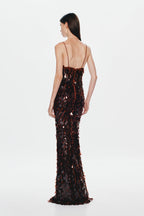Backless dark sequin maxi dress with spaghetti straps and open V-back