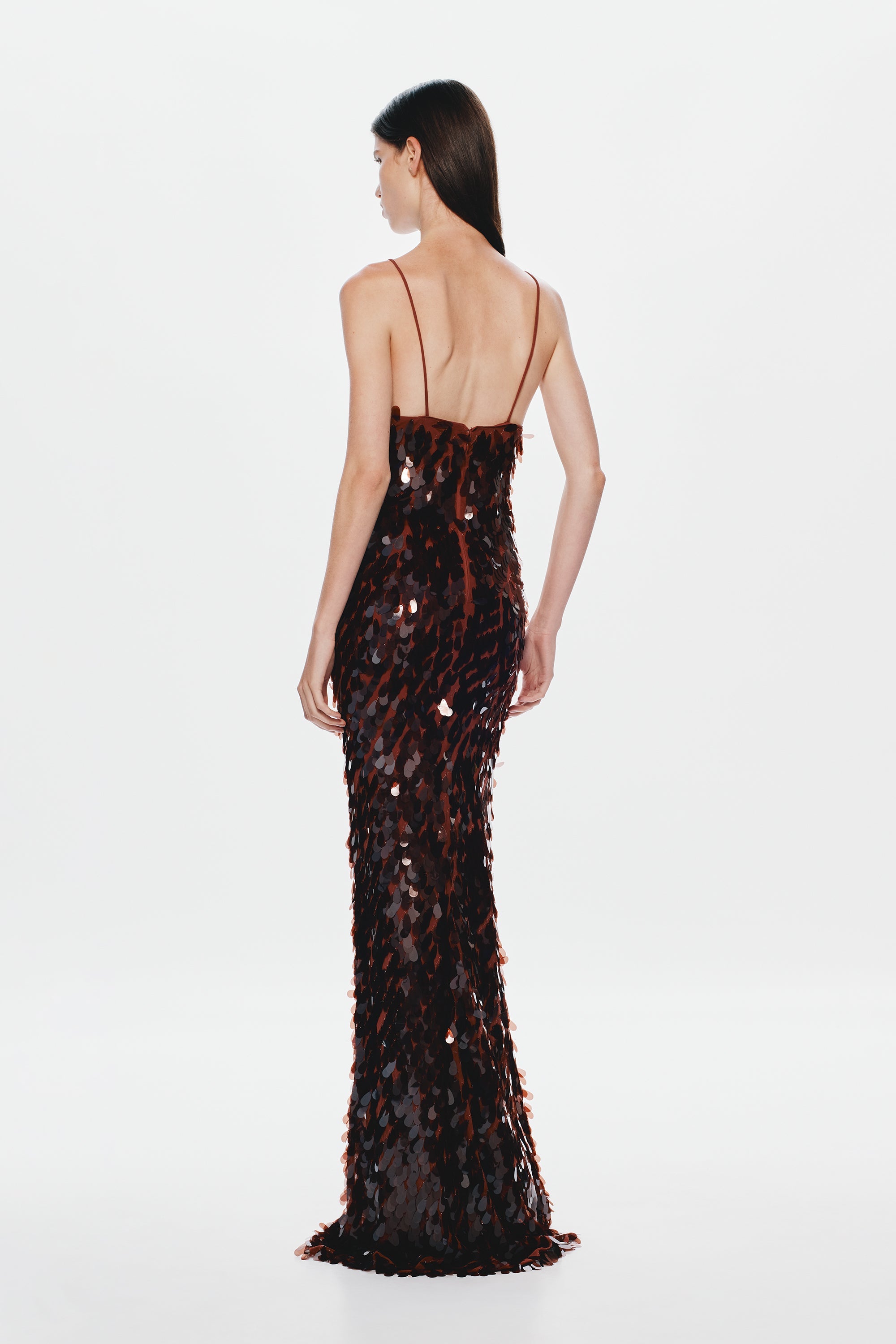 Backless dark sequin maxi dress with spaghetti straps and open V-back