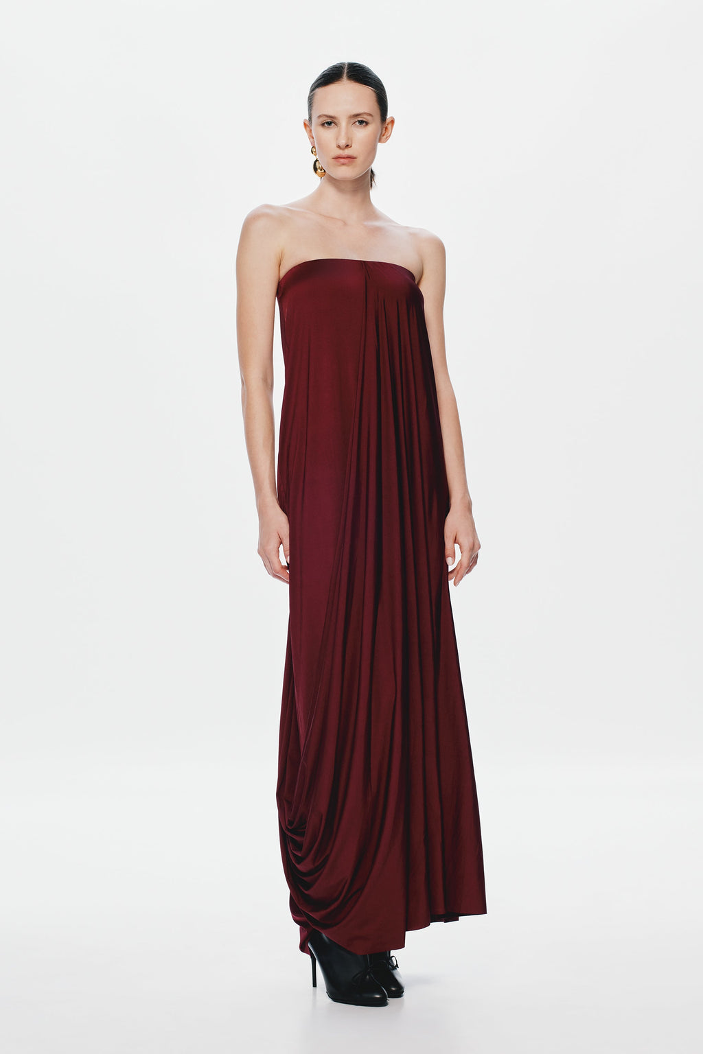 Burgundy strapless maxi dress in jersey with vertical draping and gathered sides