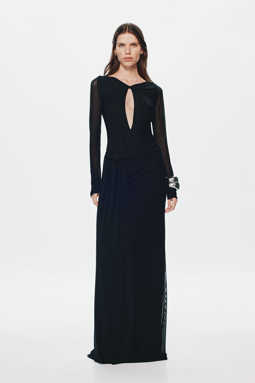 Black mesh maxi dress with long sleeves and oval chest cutout