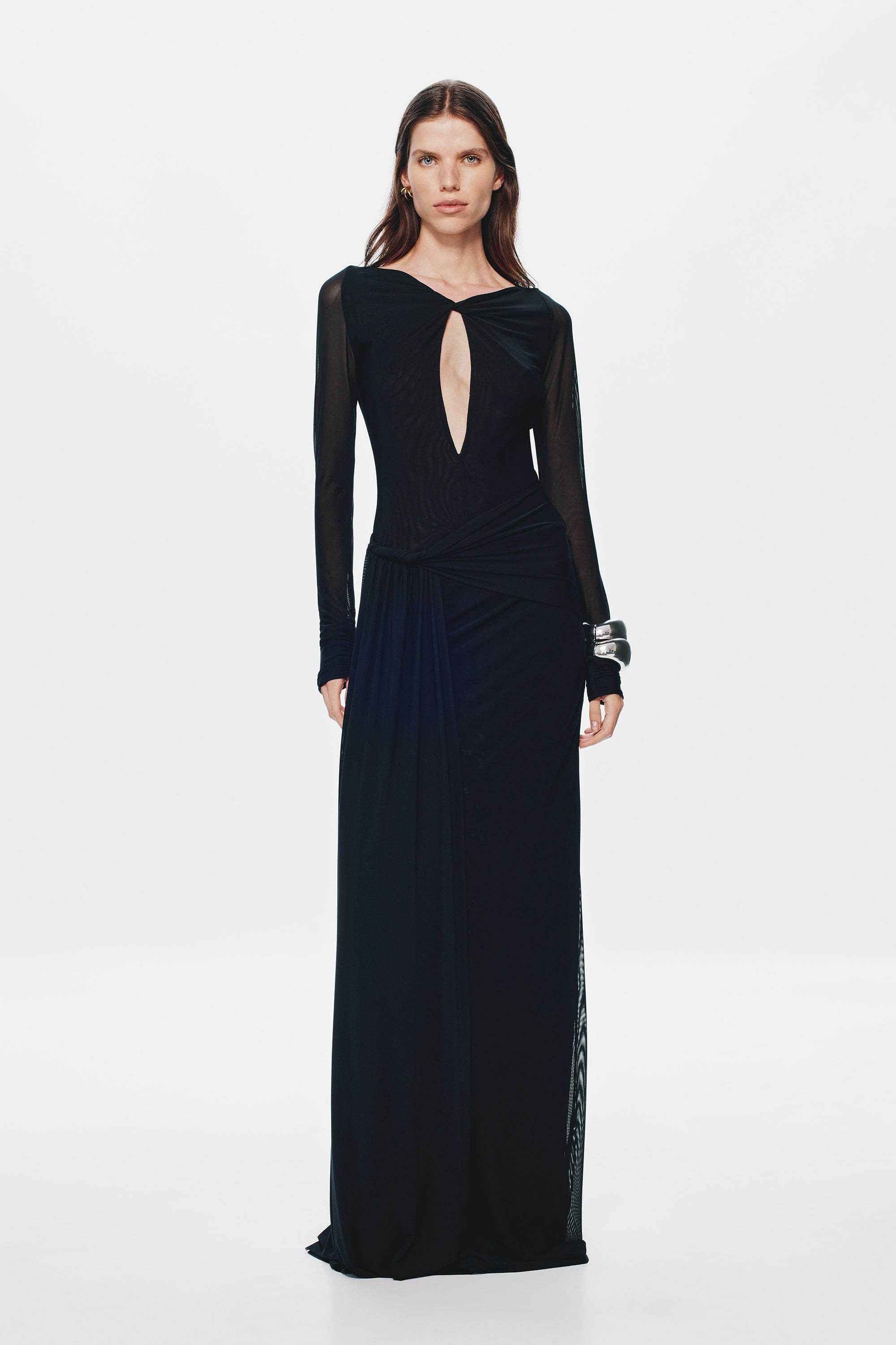 Black mesh maxi dress with long sleeves and oval chest cutout