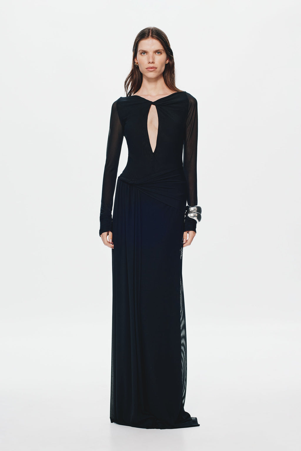 Black mesh maxi dress with long sleeves and deep center chest cutout