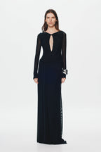 Black mesh maxi dress with long sleeves and deep center chest cutout