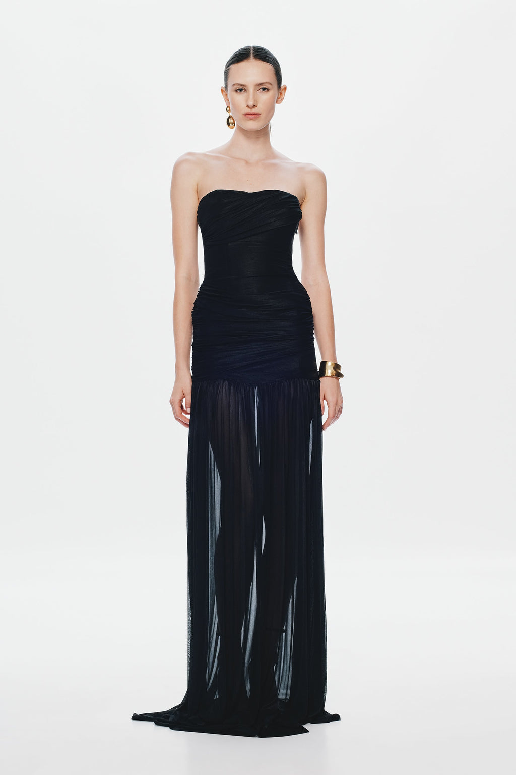 Black strapless maxi dress with ruched bodice and draped long skirt