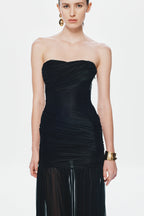 Black strapless ruched dress with gathered neckline and layered skirt