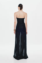 Black strapless maxi dress with ruched back and tiered pleated skirt