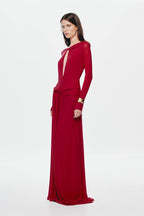 Cherry red long-sleeve mesh dress with side drape, fitted waist, flowing maxi skirt