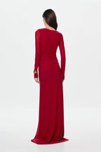 Back view of cherry red mesh dress with long sleeves and center keyhole opening