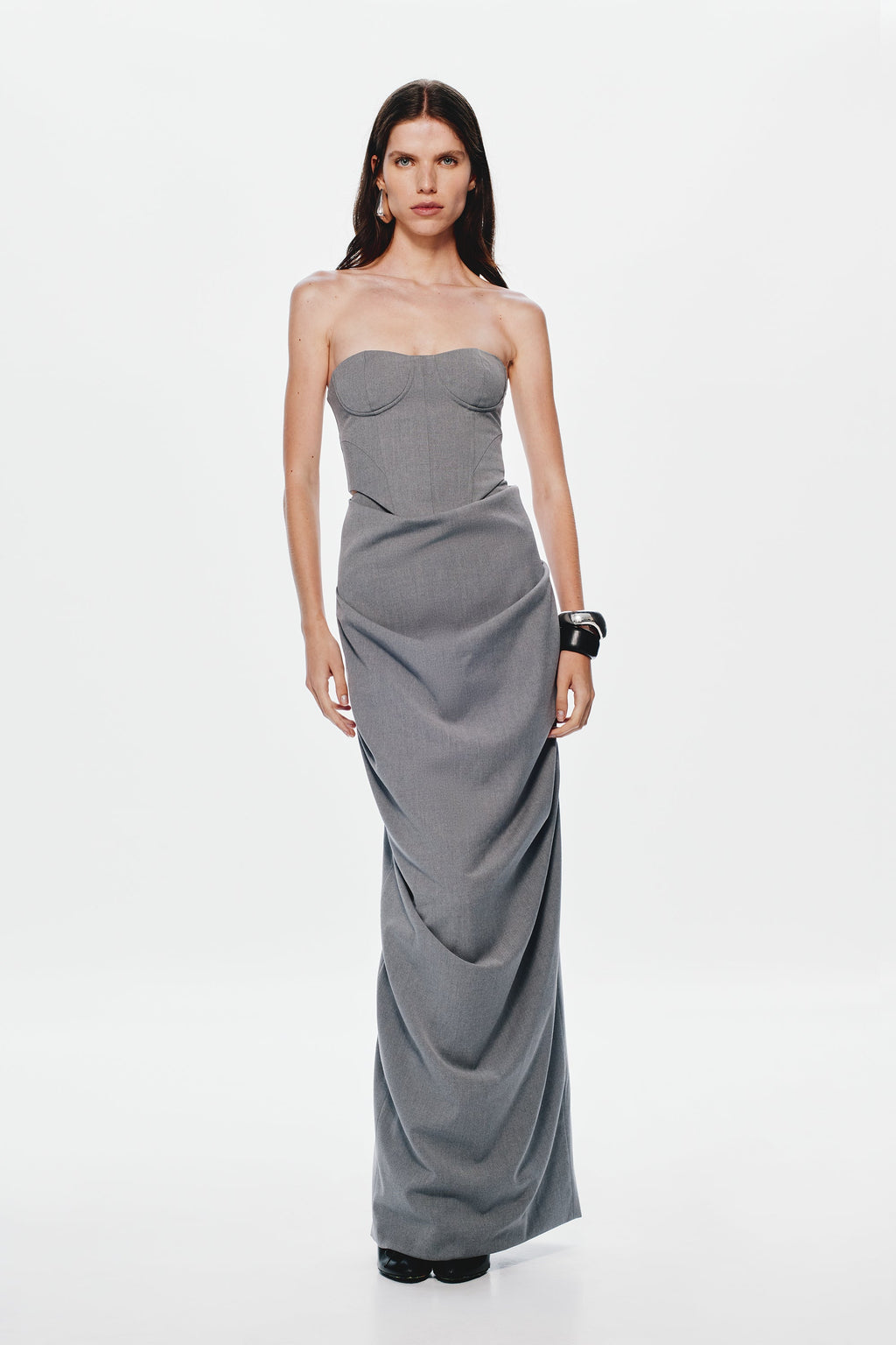 Grey strapless bustier with sweetheart cups and fitted longline silhouette