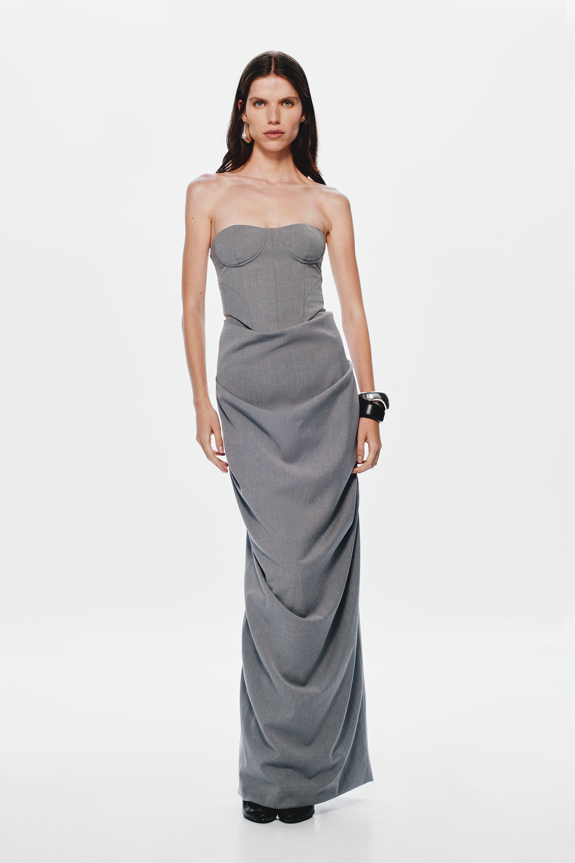 Grey strapless bustier with sweetheart cups and fitted longline silhouette