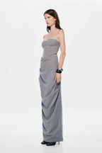 Grey strapless bustier with curved bust cups and draped longline fit