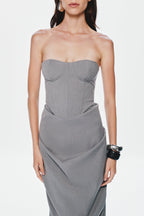 Grey strapless bustier close-up with sweetheart cups and contoured waist seam