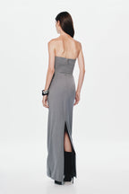 Grey suiting bustier from back with longline shape and center back slit