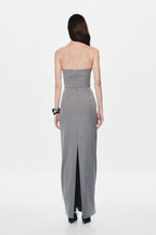 Grey longline strapless bustier, back view with vertical seam and slit