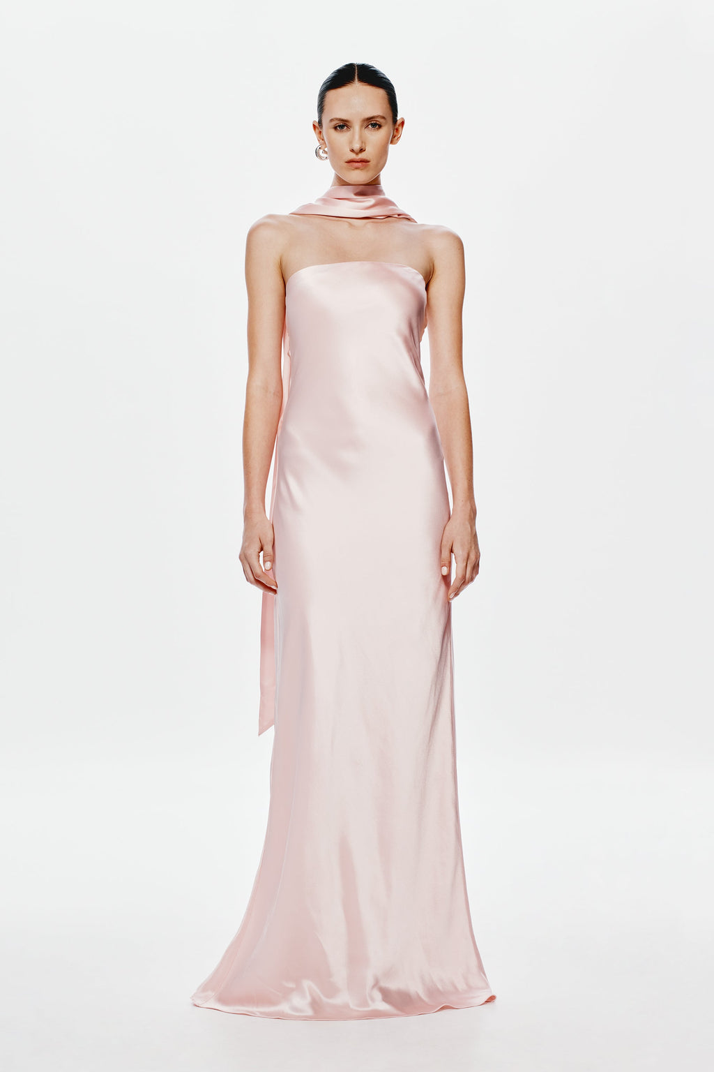 Rose pink satin halter maxi dress with side slit