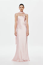Rose pink satin halter maxi dress with side slit