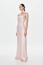 Rose pink satin halter maxi dress with sleek draped skirt