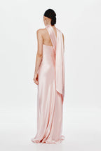 Rose pink satin halter maxi dress with open back and long sash