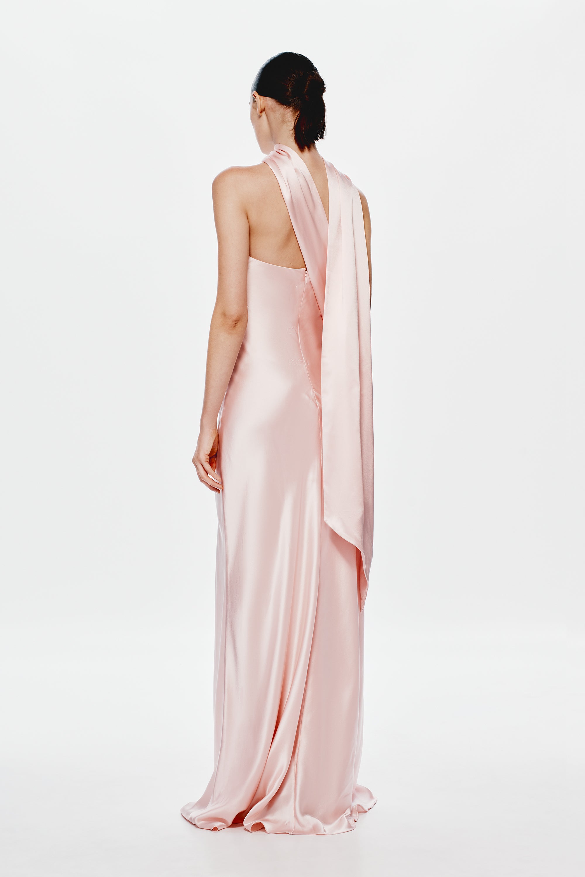 Rose pink satin halter maxi dress with open back and long sash