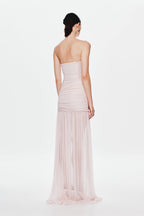 Dusty pink strapless maxi dress with ruched back and tiered pleated sheer skirt