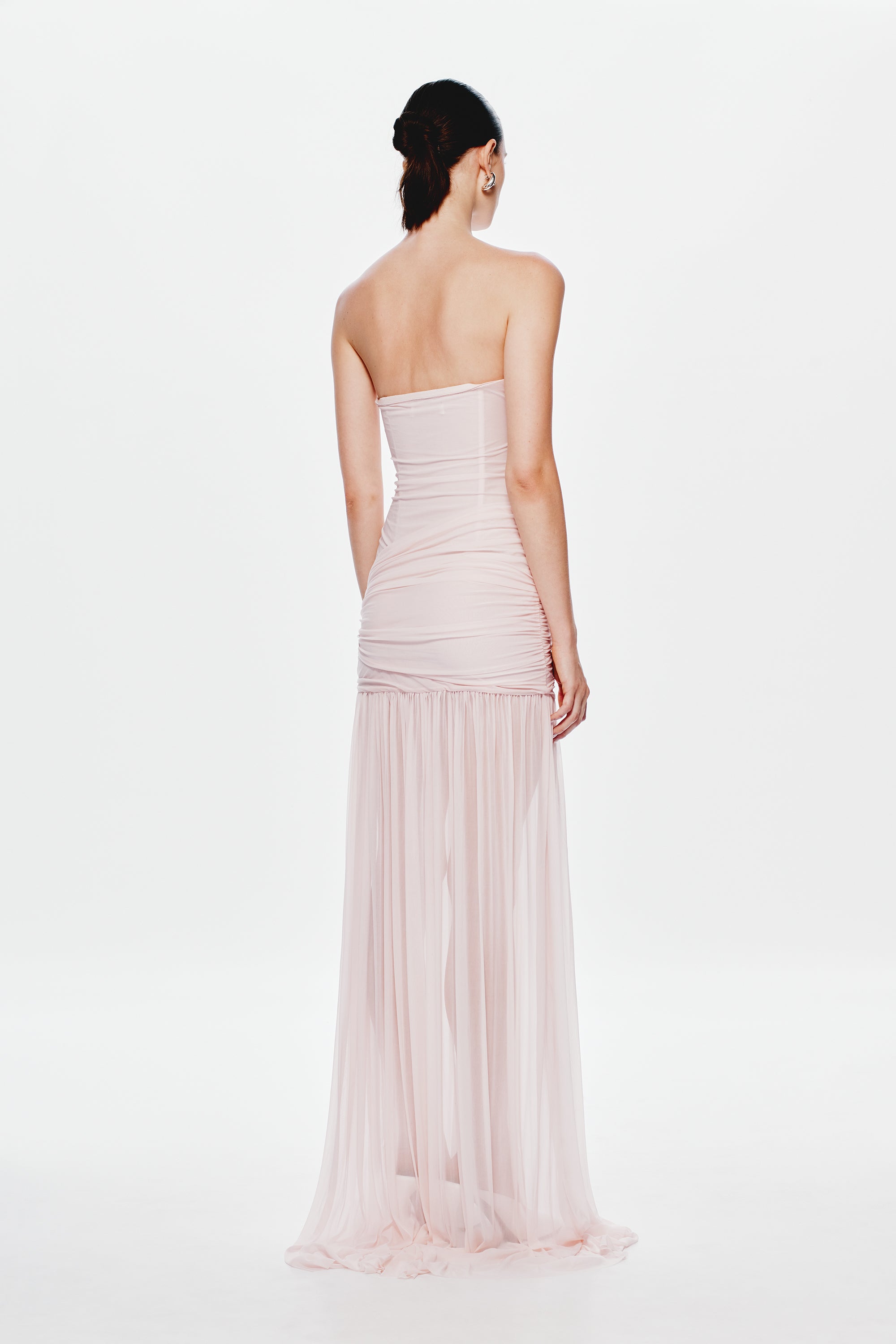 Dusty pink strapless maxi dress with ruched back and tiered pleated sheer skirt