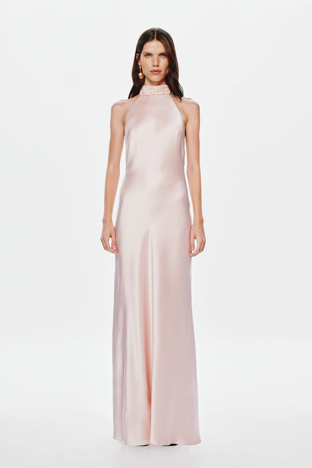 Dusty pink satin halter maxi dress, high neck sleeveless column fit