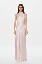 Dusty pink satin halter maxi dress, high neck sleeveless column fit