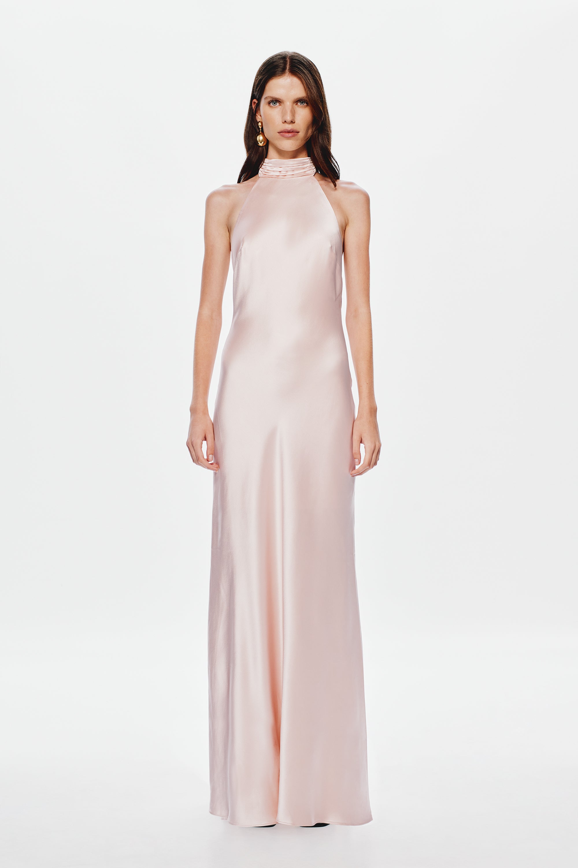Dusty pink satin halter maxi dress, high neck sleeveless column fit