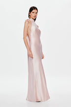 Dusty pink satin maxi dress, sleeveless halter and straight column hem