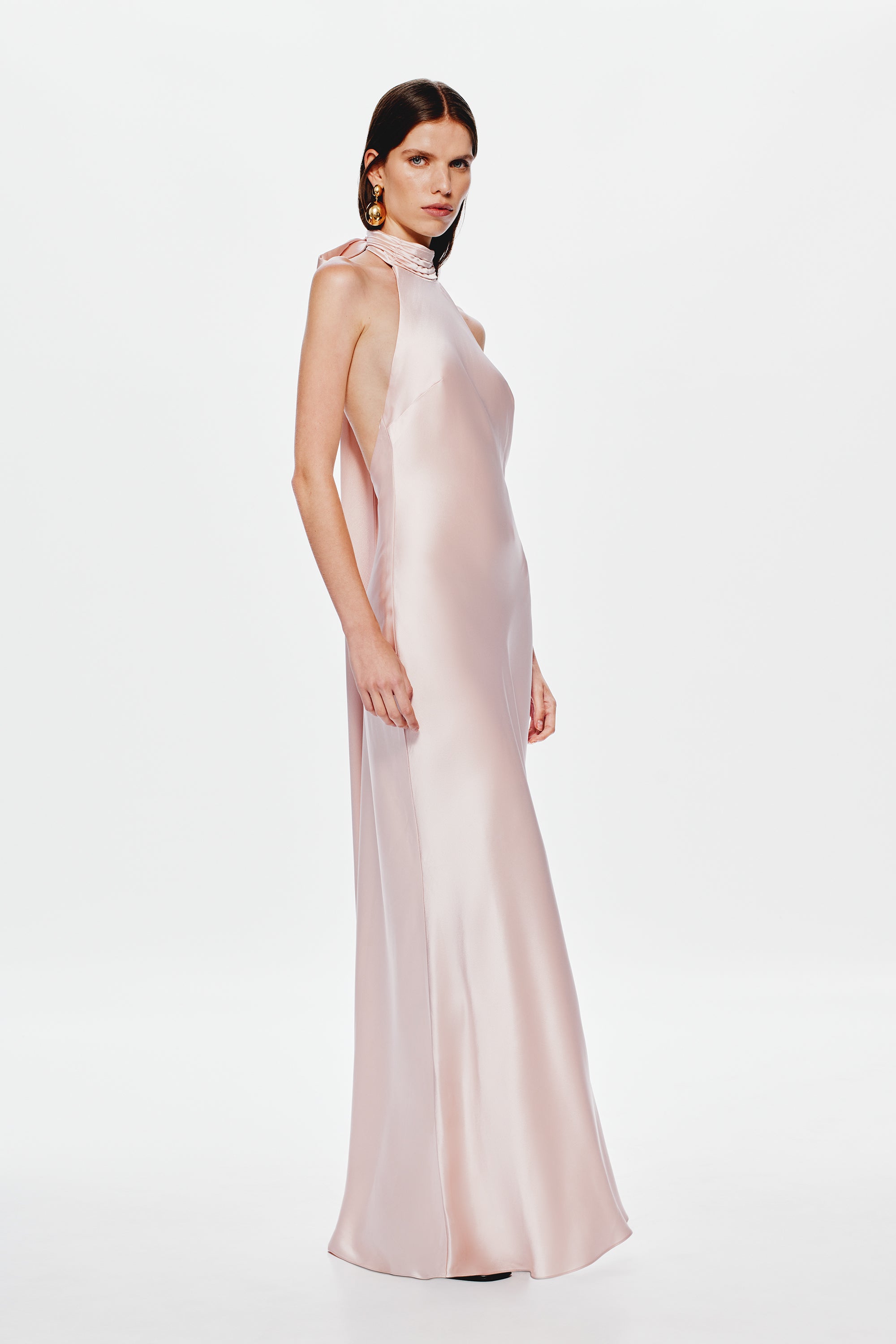 Dusty pink satin maxi dress, sleeveless halter and straight column hem