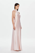 Dusty pink satin maxi dress, sleeveless halter with draped neckline