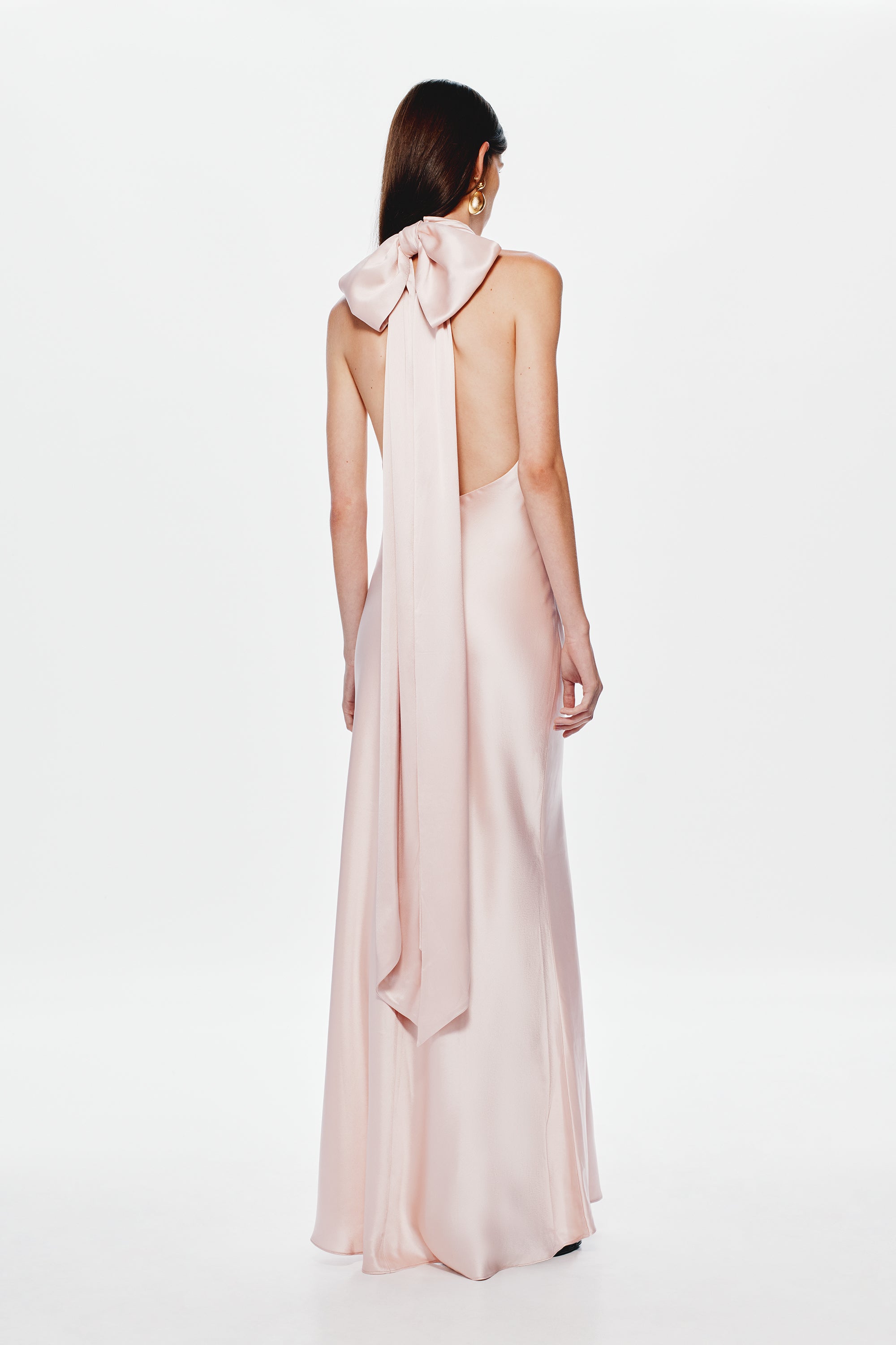 Dusty pink satin halter maxi dress, open back with bow tie detail
