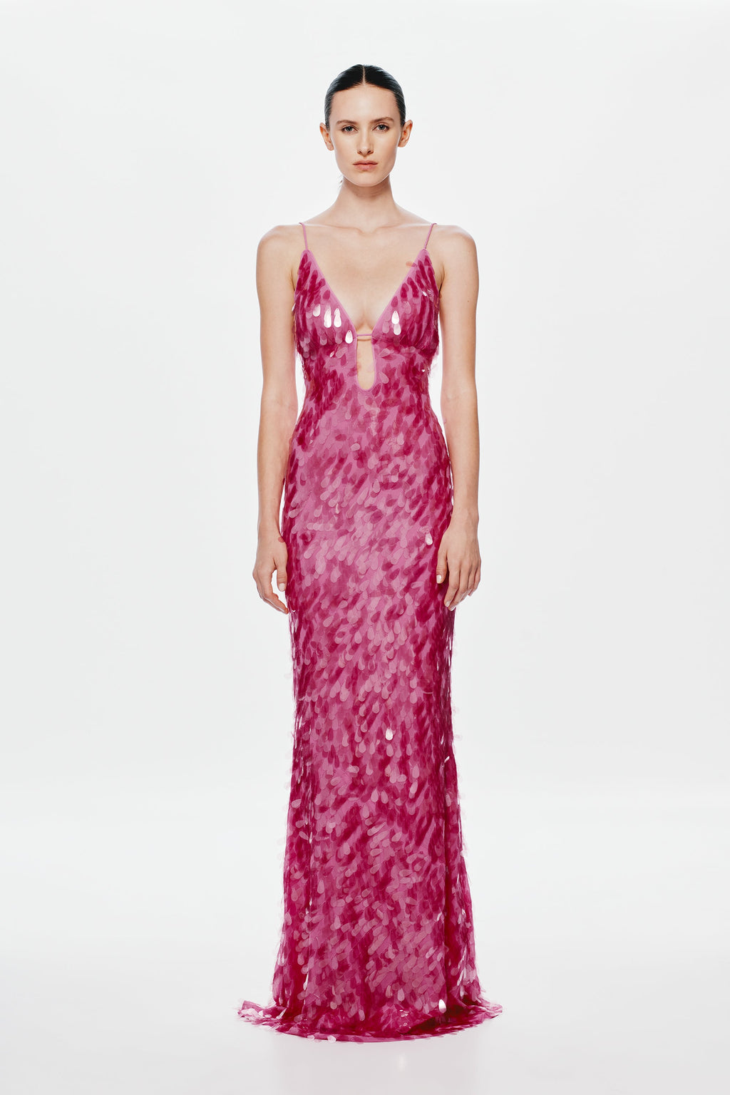 Fuchsia sequin evening dress with deep V front, fitted silhouette, long hem