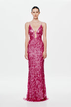 Fuchsia sequin evening dress with deep V front, fitted silhouette, long hem