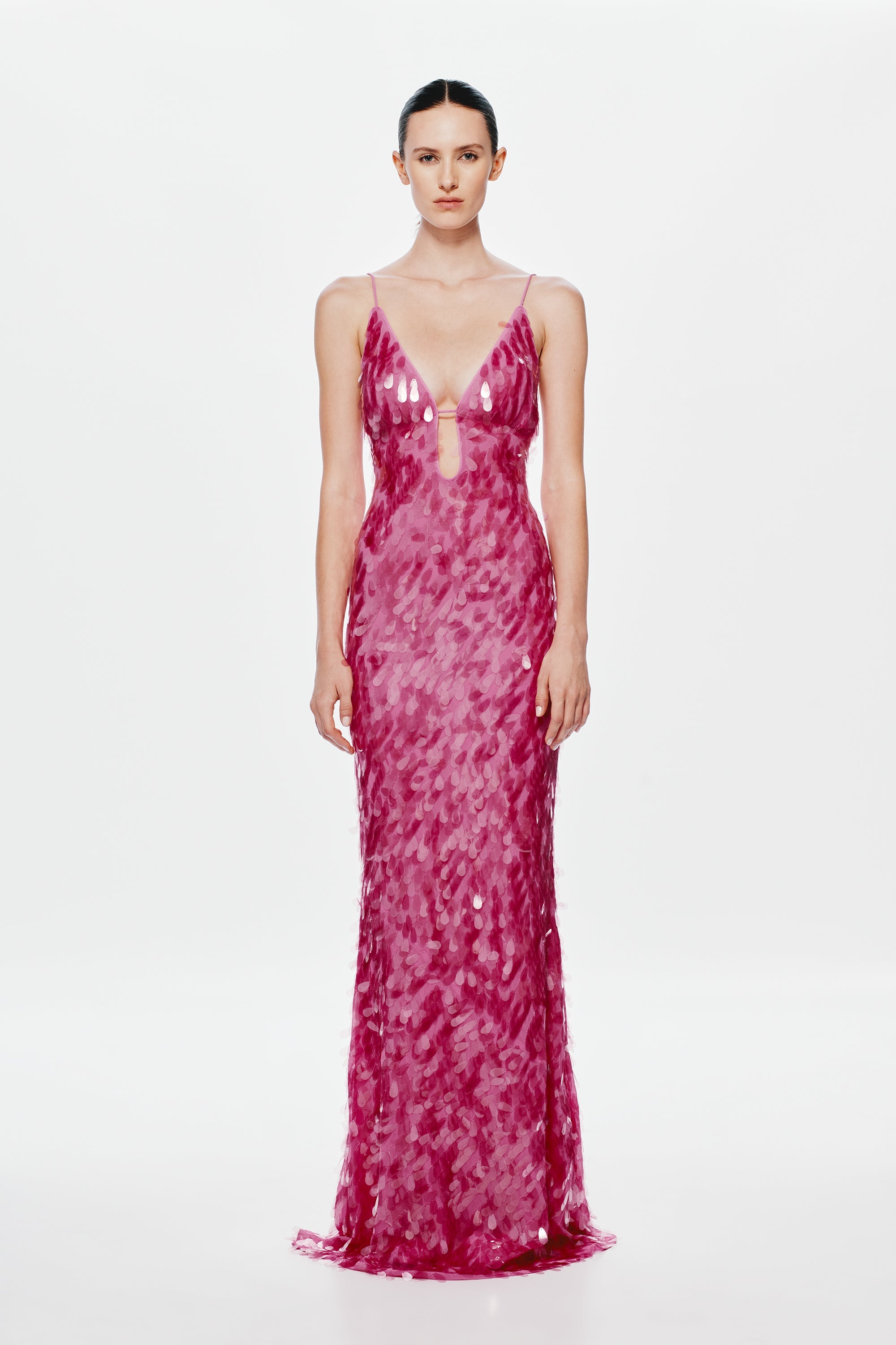 Fuchsia sequin evening dress with deep V front, fitted silhouette, long hem