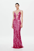 Fuchsia sequin evening dress with V-neck and spaghetti straps, fitted mermaid hem