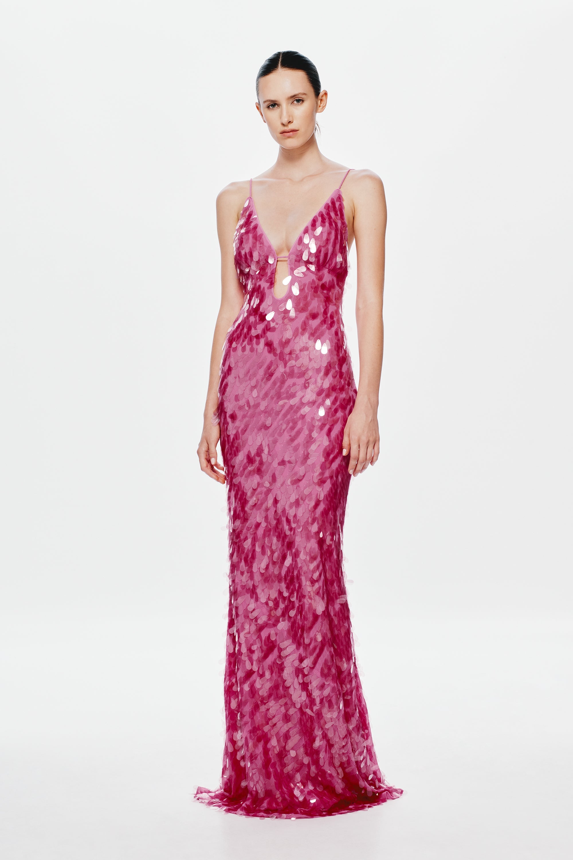 Fuchsia sequin evening dress with V-neck and spaghetti straps, fitted mermaid hem