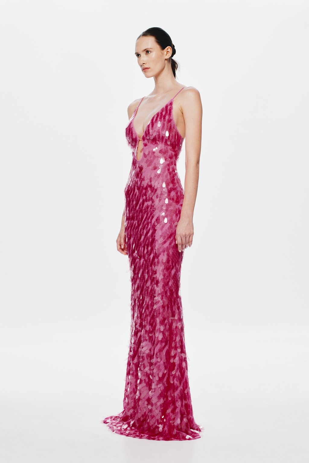 Fuchsia sequin evening dress with spaghetti straps and fitted column silhouette
