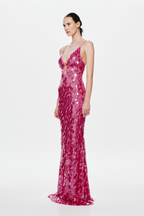 Fuchsia sequin evening dress with spaghetti straps and fitted column silhouette