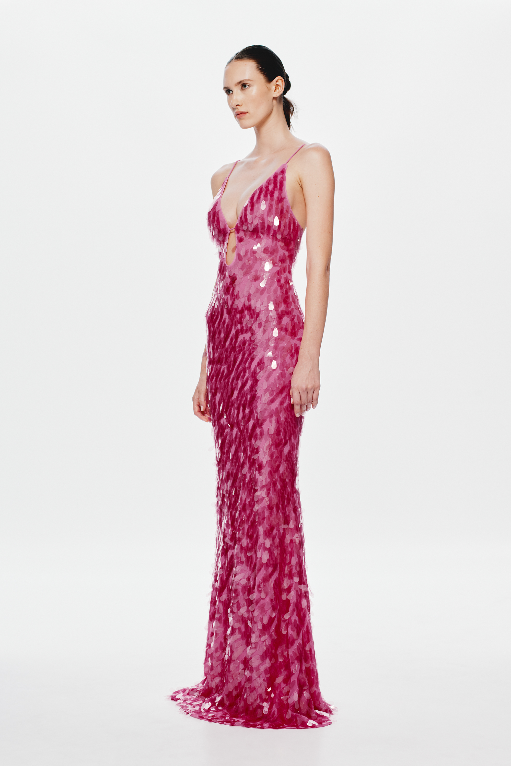 Fuchsia sequin evening dress with spaghetti straps and fitted column silhouette