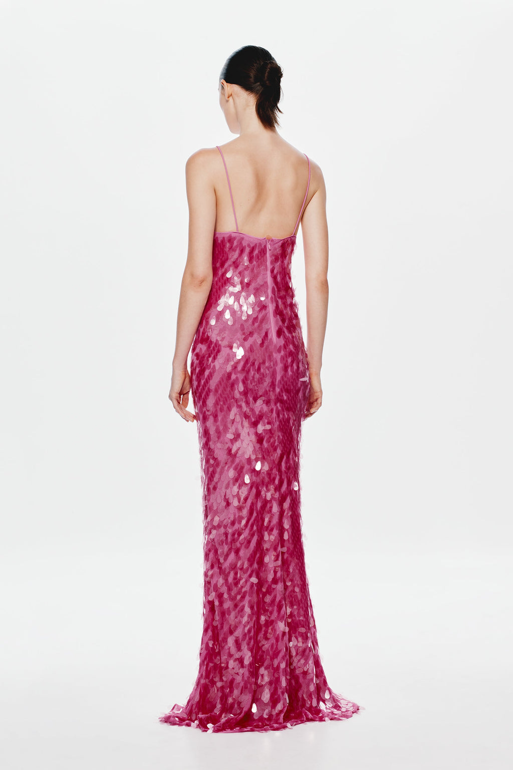 Fuchsia sequin evening dress with open back and spaghetti straps, mermaid hem