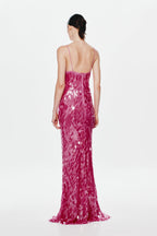 Fuchsia sequin evening dress with open back and spaghetti straps, mermaid hem