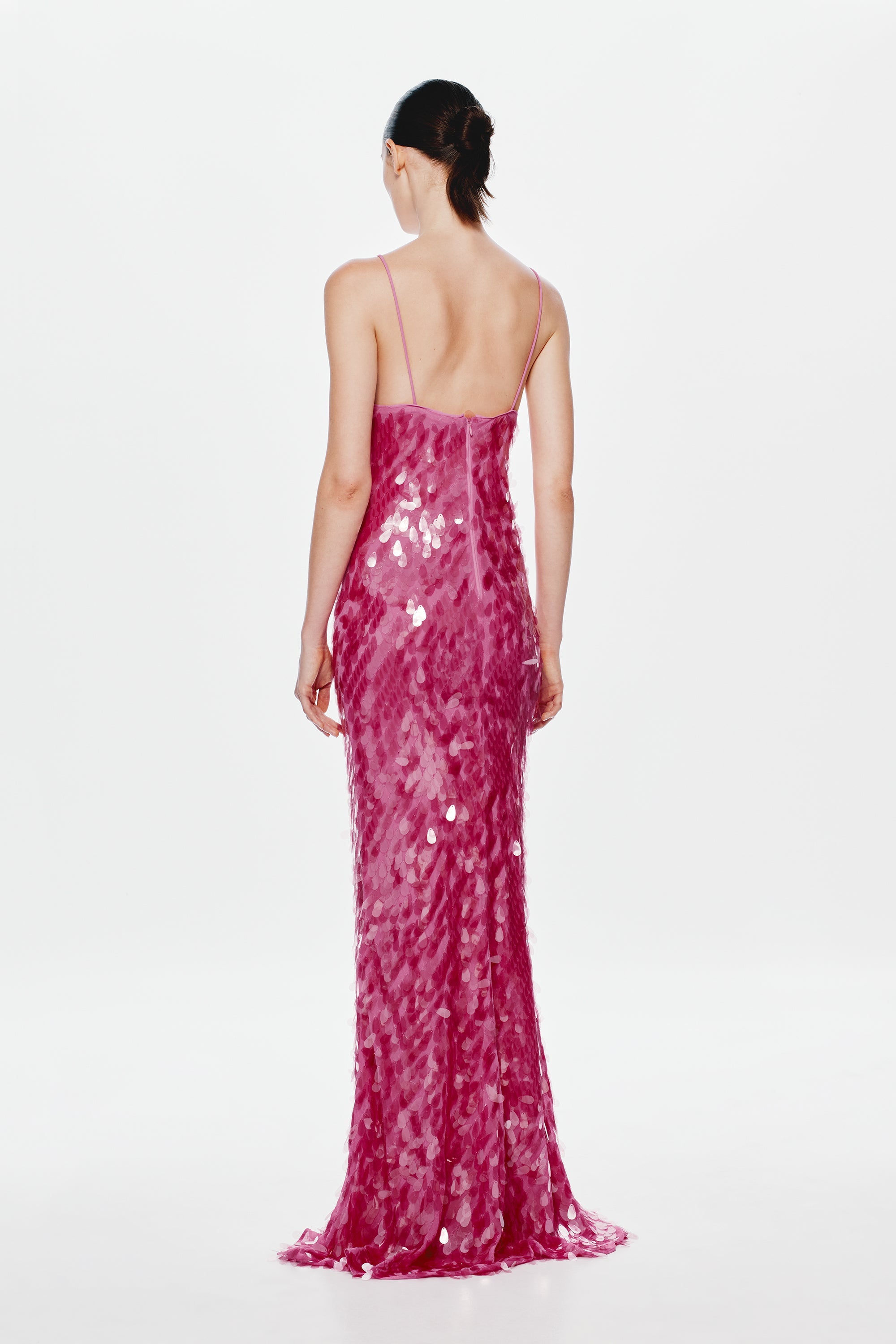 Fuchsia sequin evening dress with open back and spaghetti straps, mermaid hem