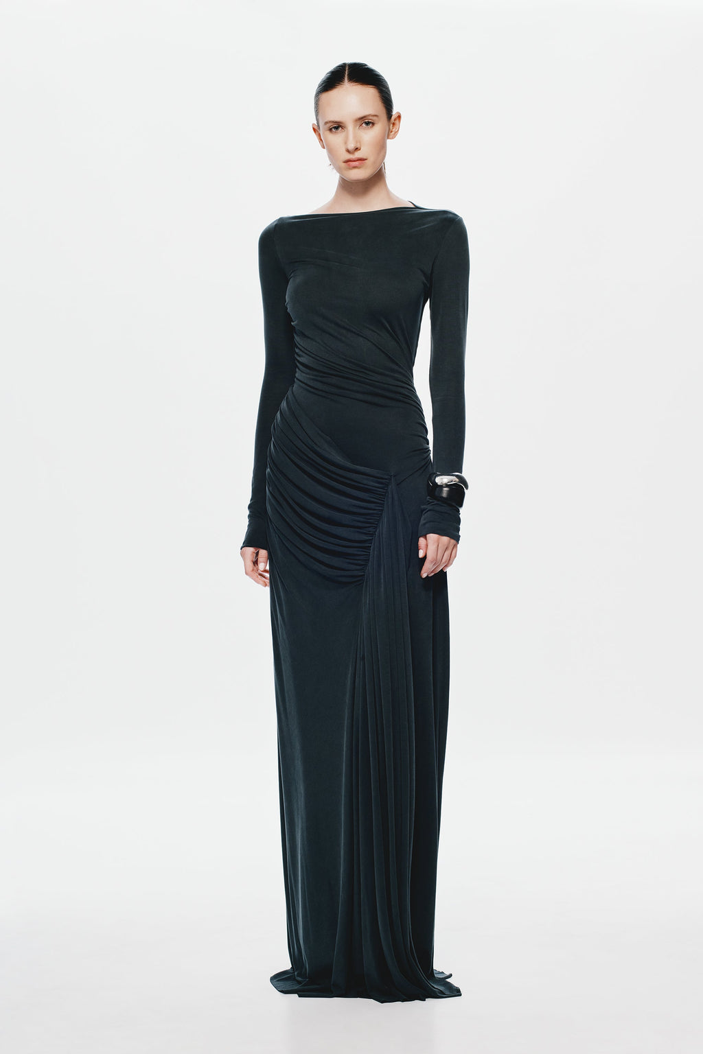Black long-sleeve ruched maxi dress with draped front and side skirt detail