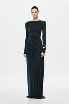 Black long-sleeve ruched maxi dress with draped front and side skirt detail