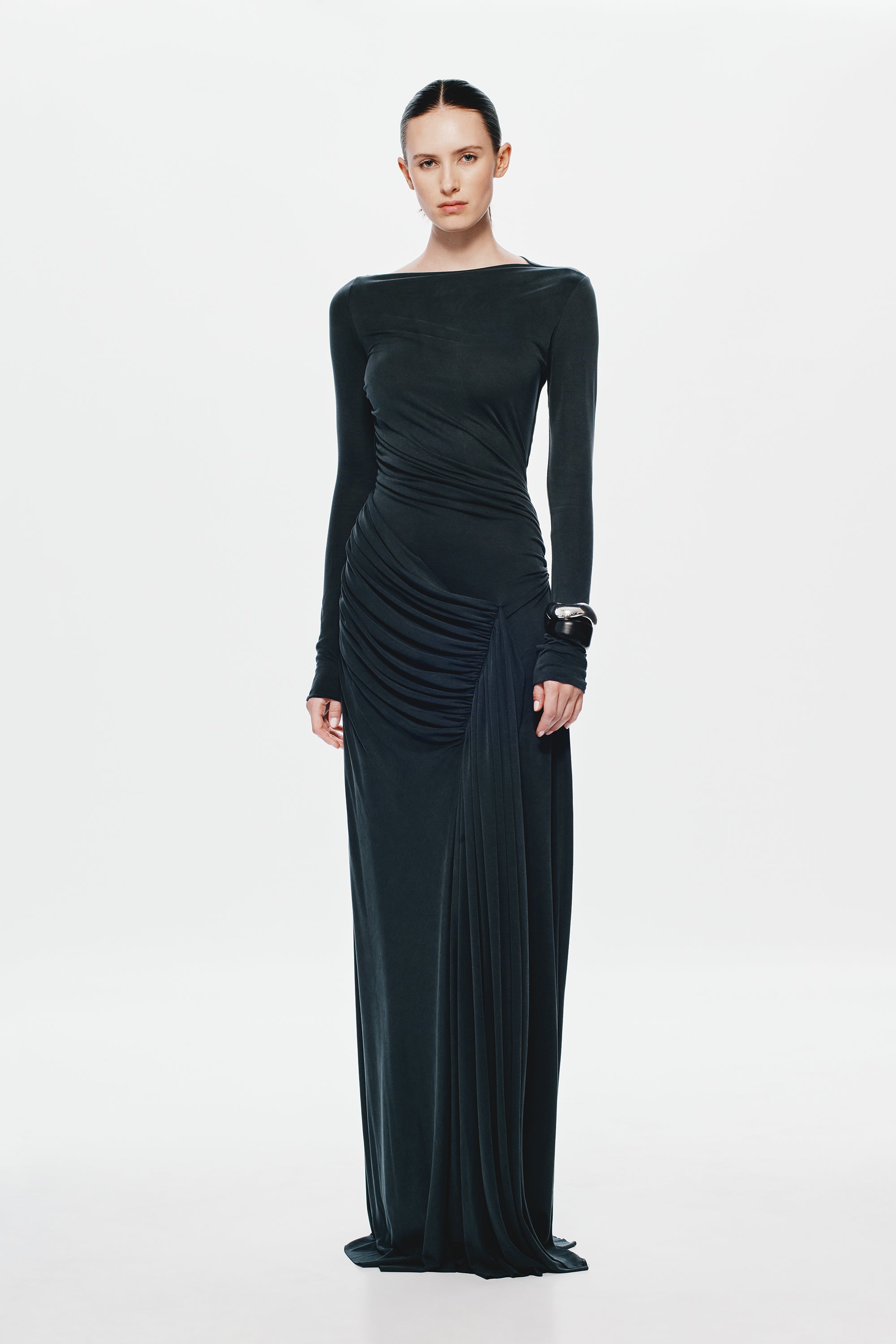 Black long-sleeve ruched maxi dress with draped front and side skirt detail