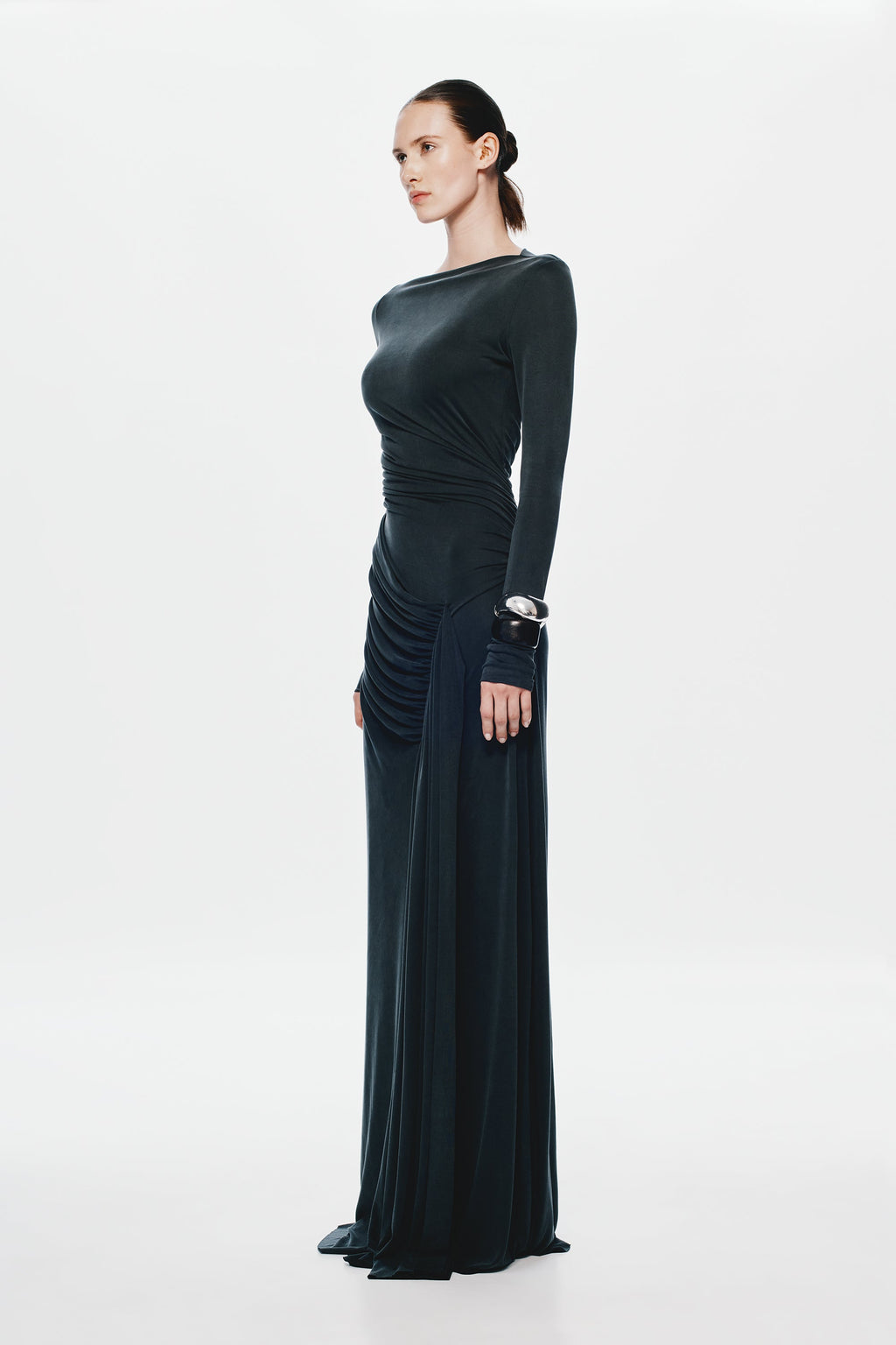 Black long-sleeve ruched maxi dress with draped side seam and wide neckline