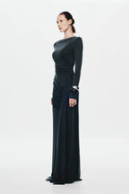 Black long-sleeve ruched maxi dress with draped side seam and wide neckline