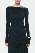 Black long-sleeve maxi dress with diagonal ruched drape across bodice
