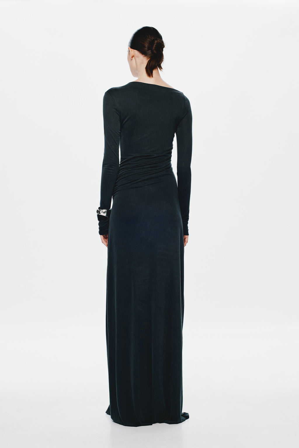 Black long-sleeve maxi dress, ruched back drape and low center back seam